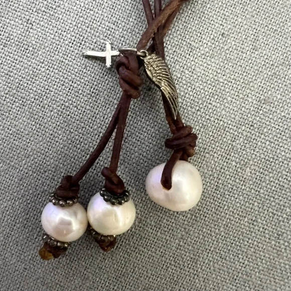 Genuine Brown Leather and White Pearl w Cross w Feather Necklace - Picture 4 of 6